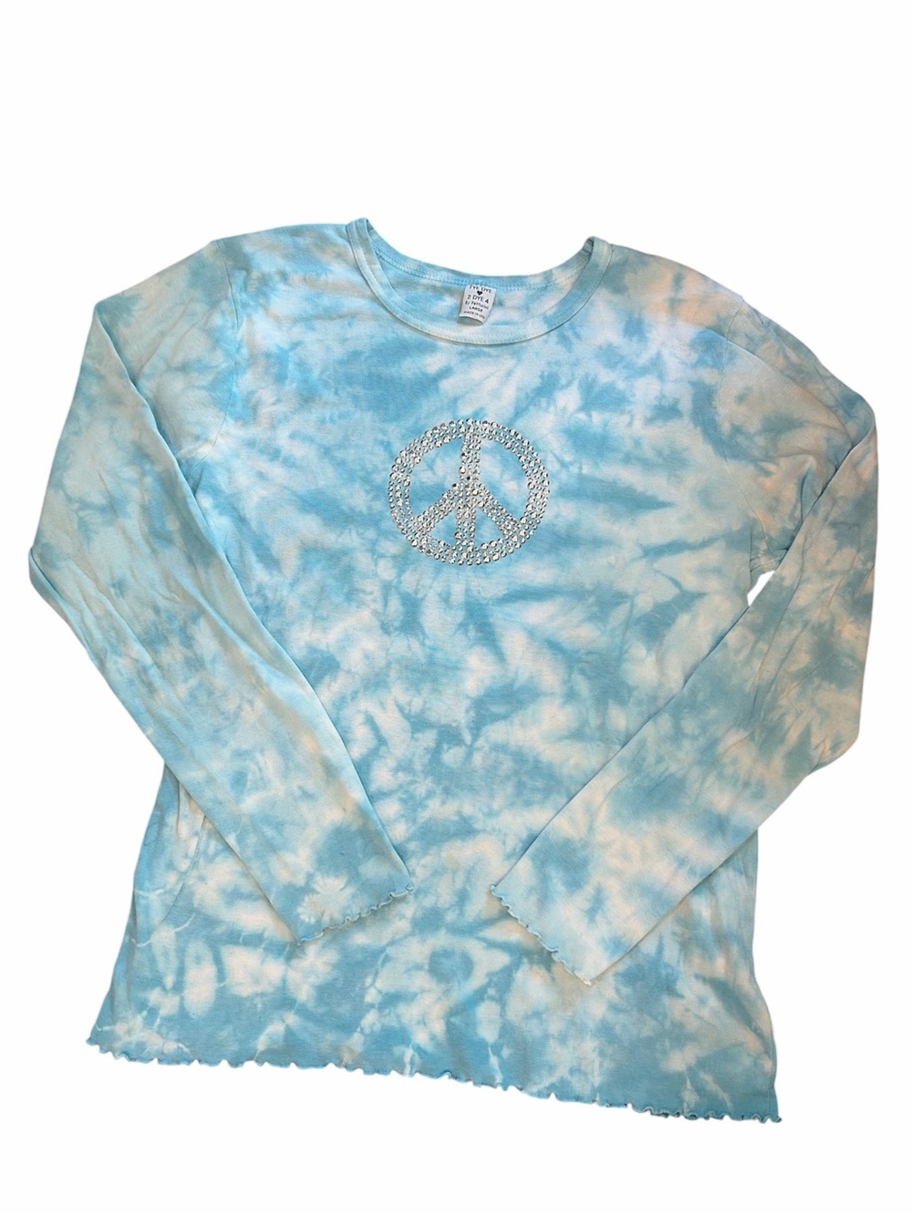 Light Blue Tie-Dye Long Sleeve Top with Metal Studded Peace Sign
